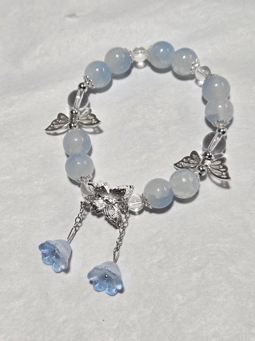 10mm- Delicate Blue Beaded Bracelet with Silver Butterfly Accents- For 1